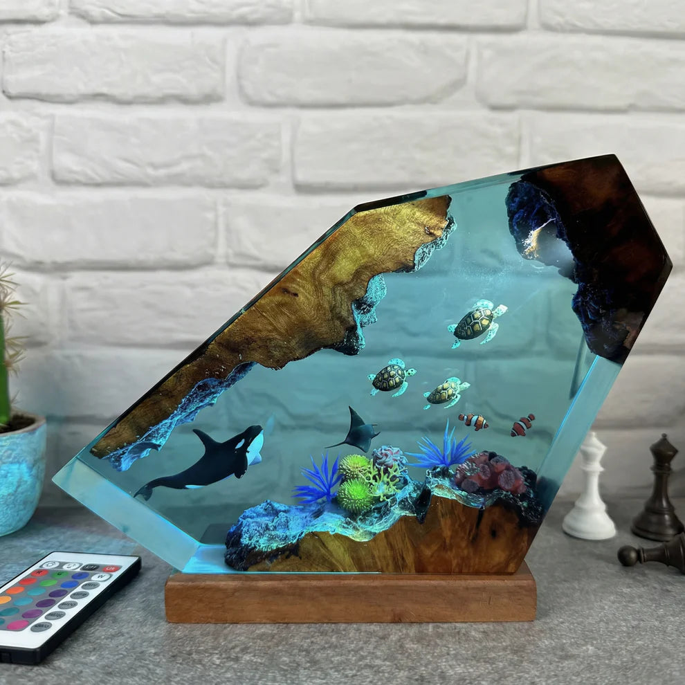 Orca, Turtle, Fish and Mantra Resin Lamp